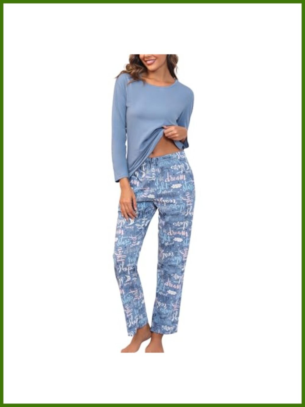 Womens Cotton Pajama Set Long Sleeve Top Full-Length Pants Pjs Sleepwear